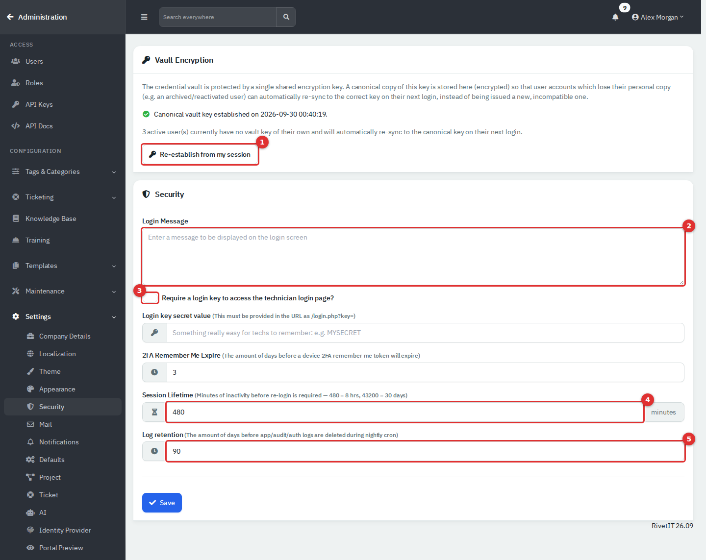 The Security settings page with the vault button, login message, login key, session lifetime and log retention marked 1 to 5