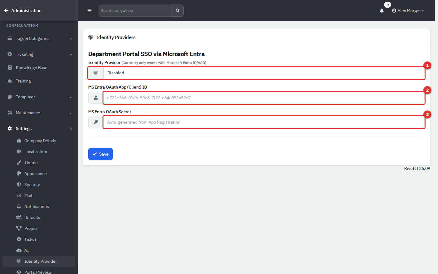 The Identity Providers page with the provider, client ID and secret fields marked 1 to 3