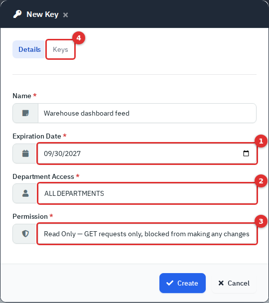 The New Key pop-up with expiry, department access, permission and the Keys tab marked 1 to 4