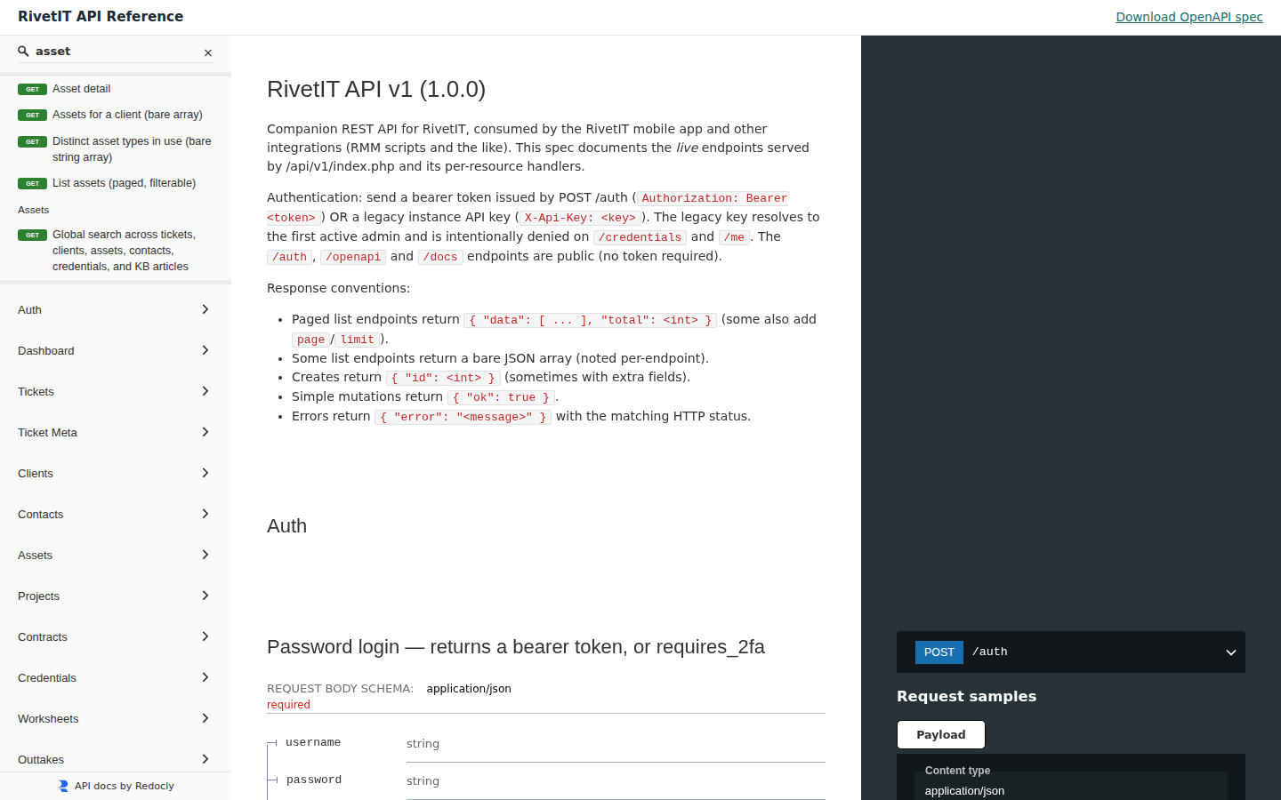 The API Documentation page filtered with the word asset