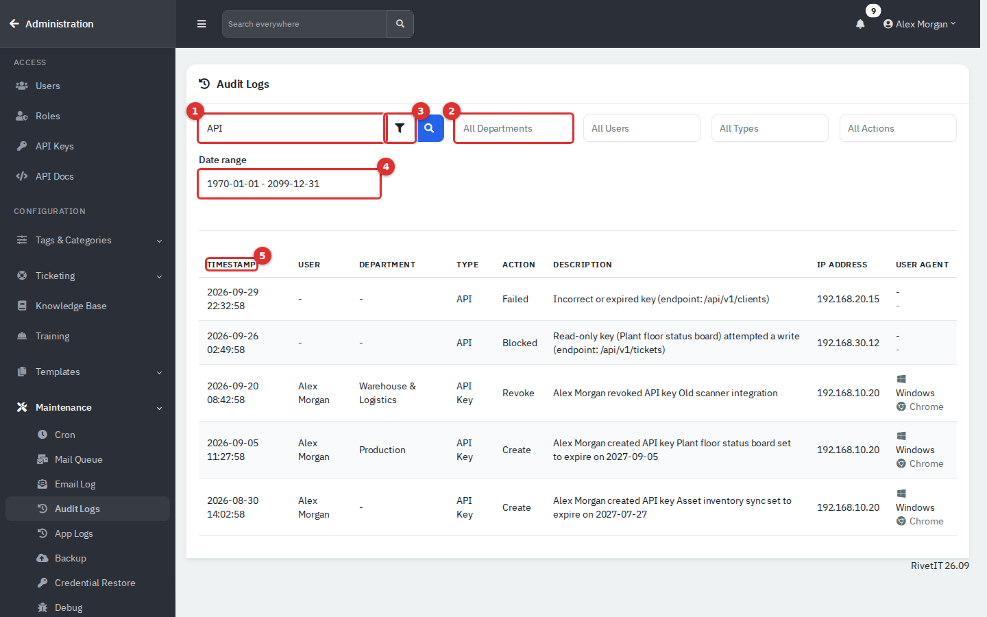Audit Logs searched for API, with the date range panel open