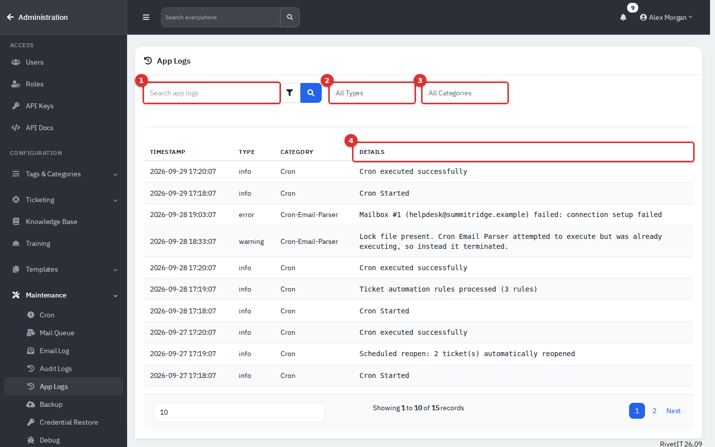 App Logs showing cron and email parser entries