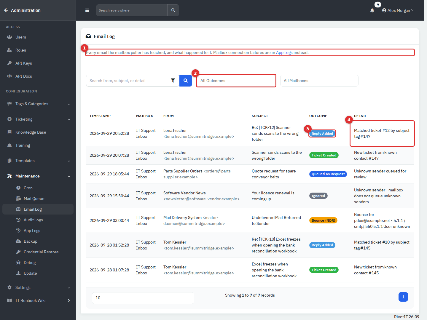 Email Log listing incoming emails with their outcome badges