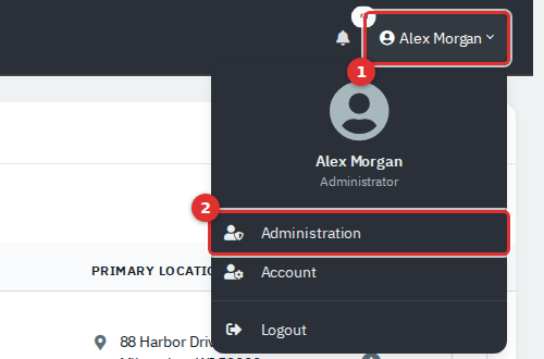 The user menu open, with the Administration entry highlighted