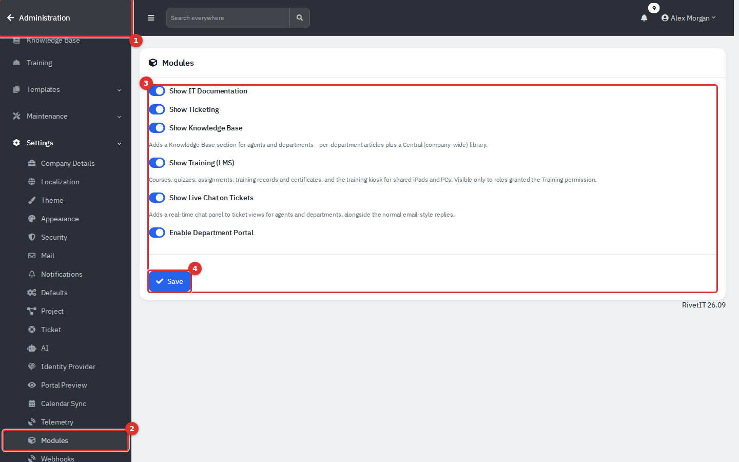 The Modules page inside the Administration area with numbered call-outs