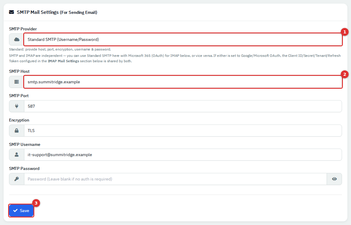 The SMTP Mail Settings card