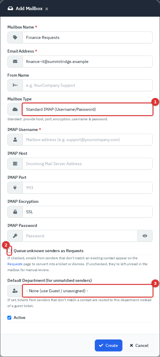The Add Mailbox pop-up