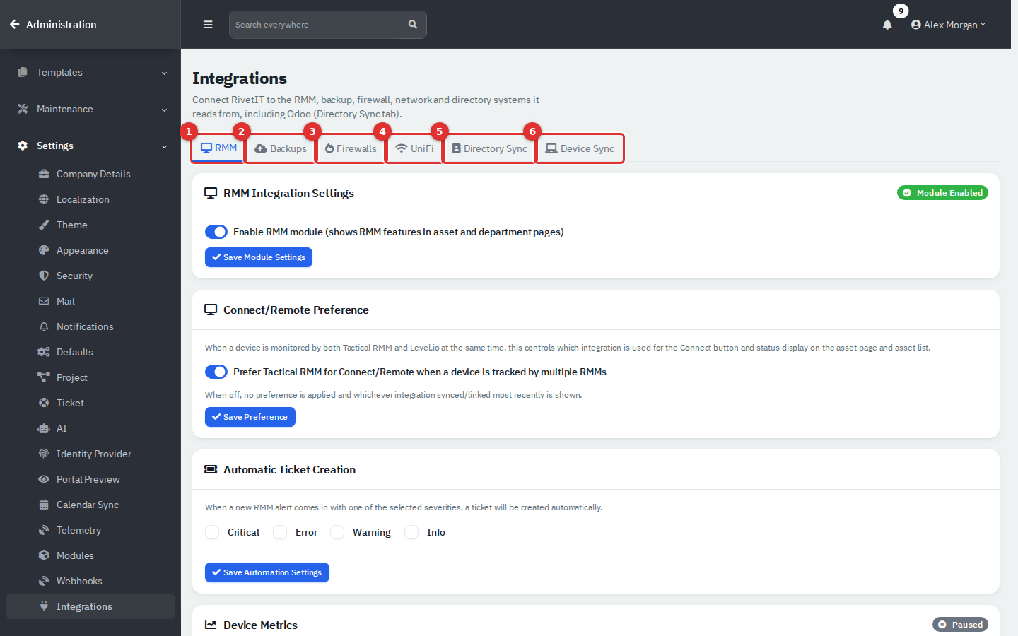 The Integrations page with its six tabs