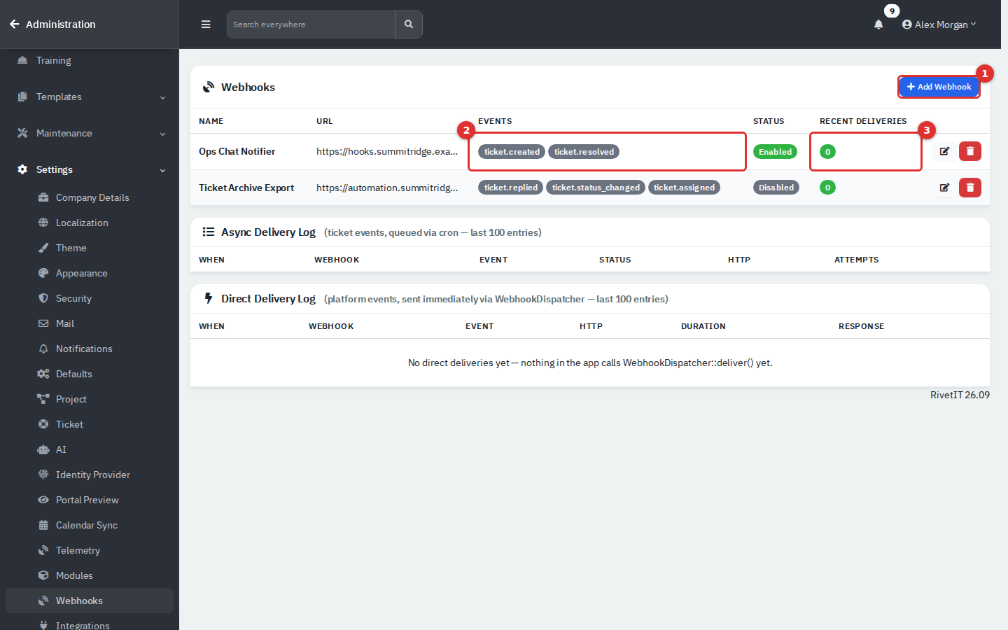 The Webhooks list