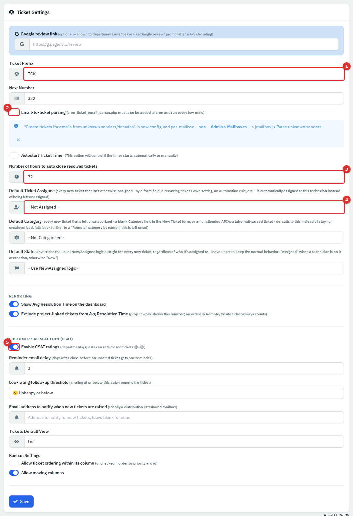 The Ticket Settings page with numbered call-outs