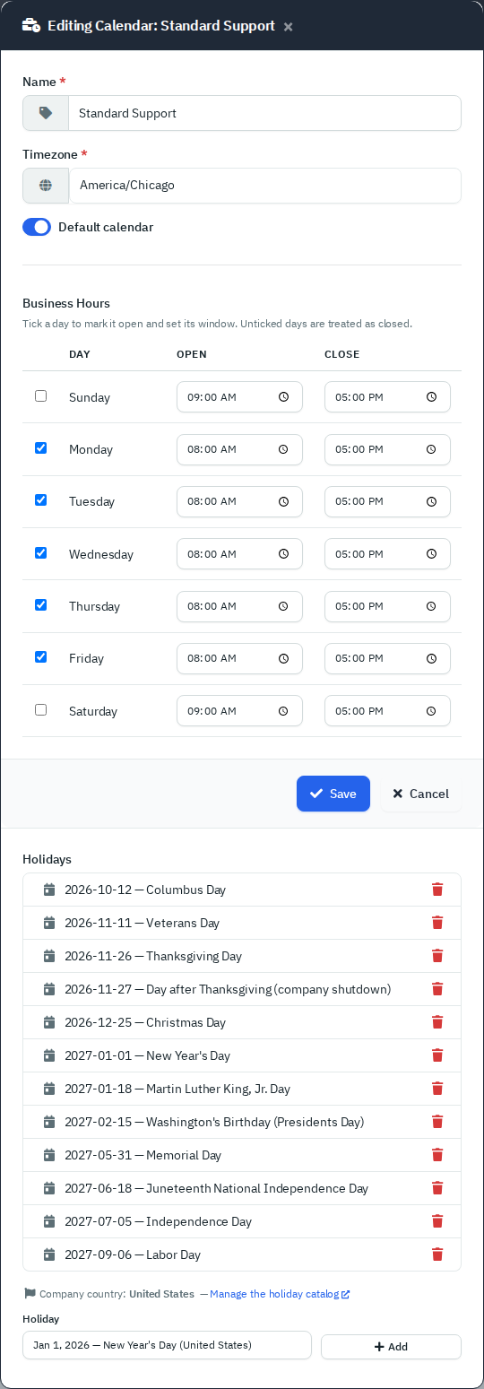 The Edit Calendar pop-up