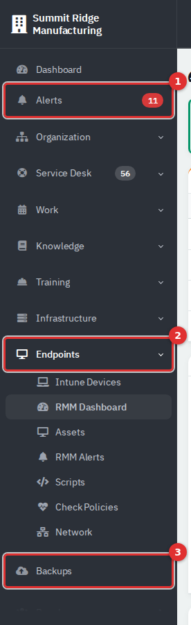 Sidebar with the Alerts item, the Endpoints group and the Backups item marked 1, 2 and 3