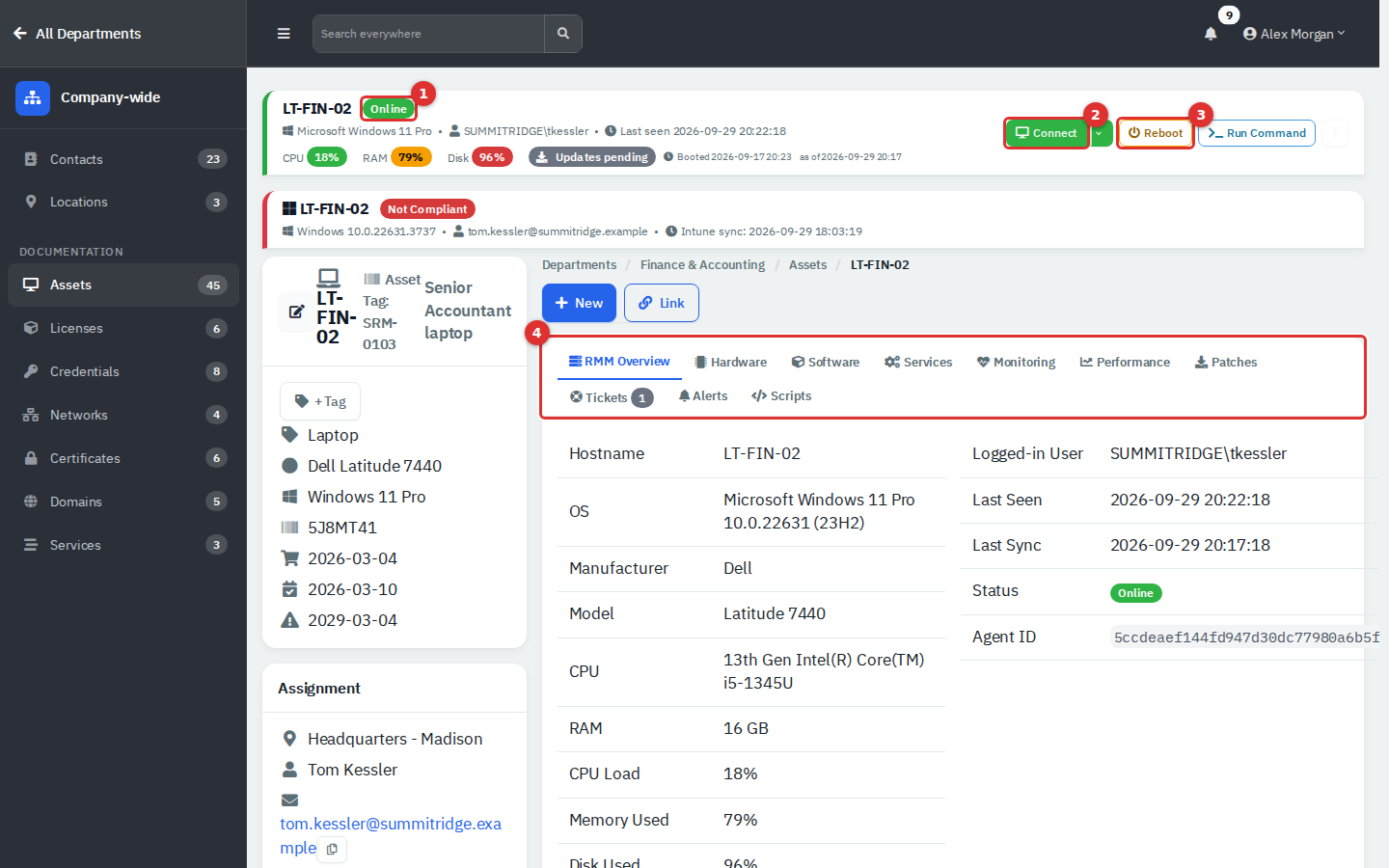 Asset page with the RMM card and tabs