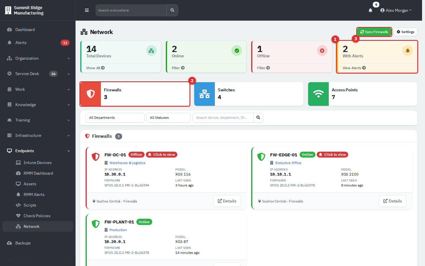 Network page with call-outs 1 to 3