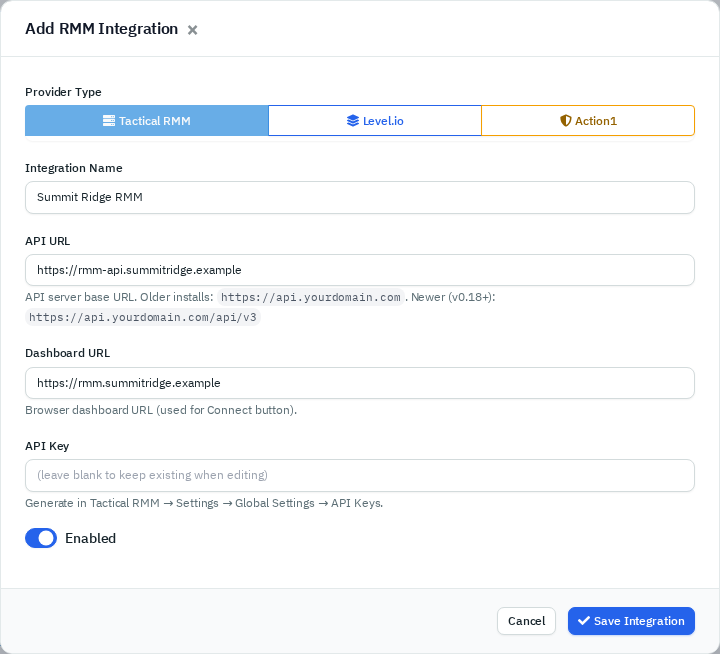 Add RMM Integration pop-up