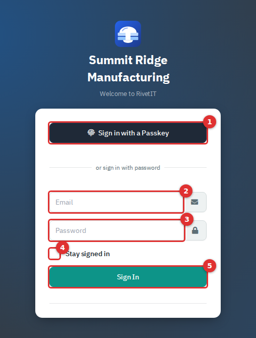 The sign-in page with numbered call-outs on the passkey button, email, password, Stay signed in and Sign In