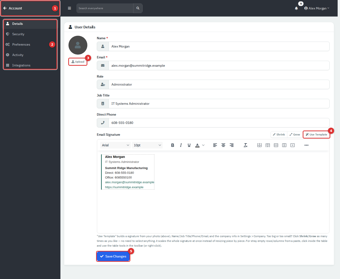 The Account Details page with an email signature built from the template