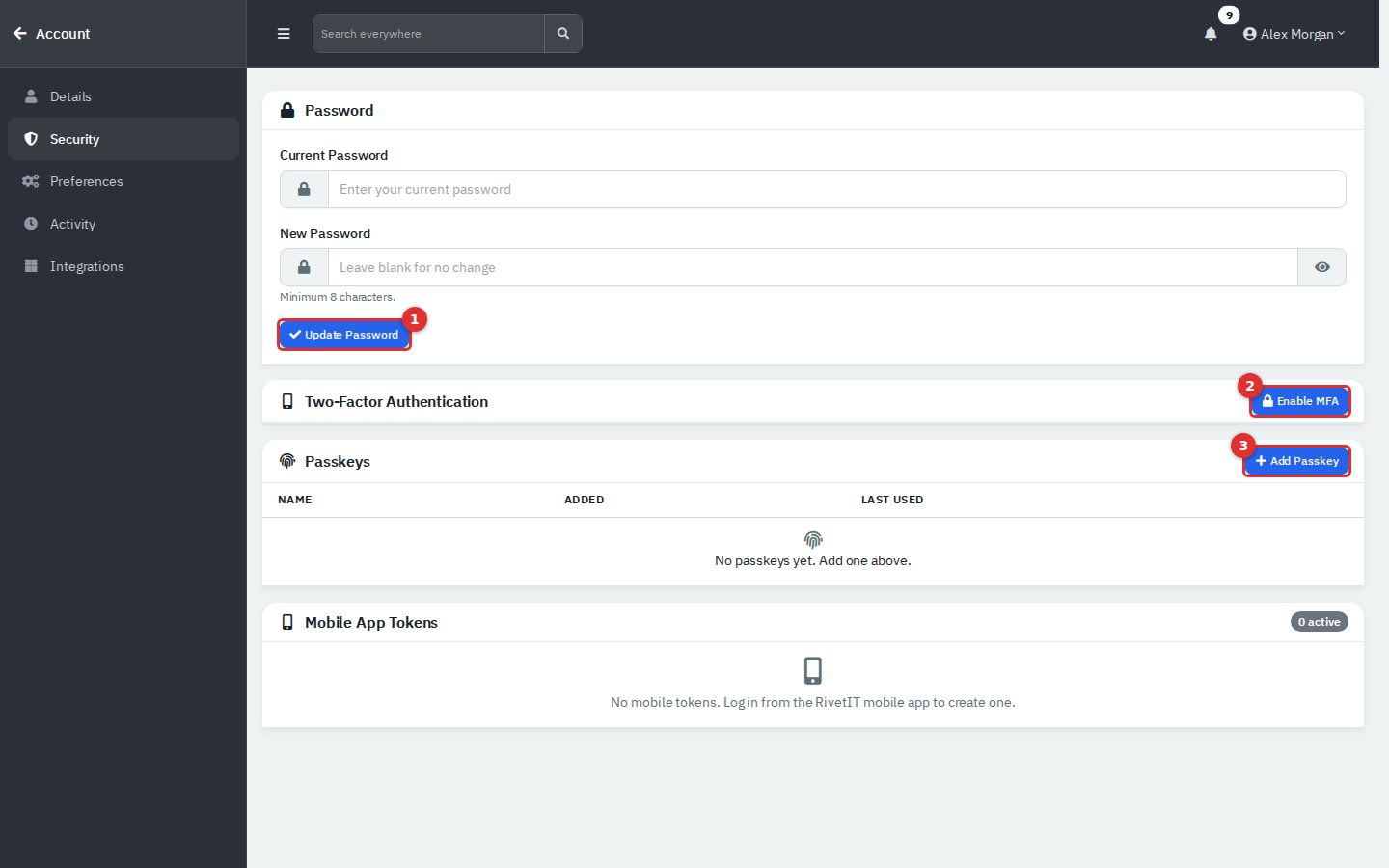 The Account Security page with Update Password, Enable MFA and Add Passkey highlighted