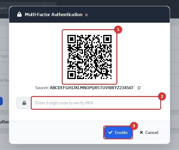 The multi-factor authentication pop-up with a QR code, a code box and the Enable button