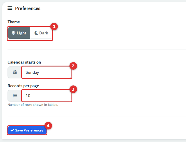 The Preferences card with Theme, Calendar starts on and Records per page