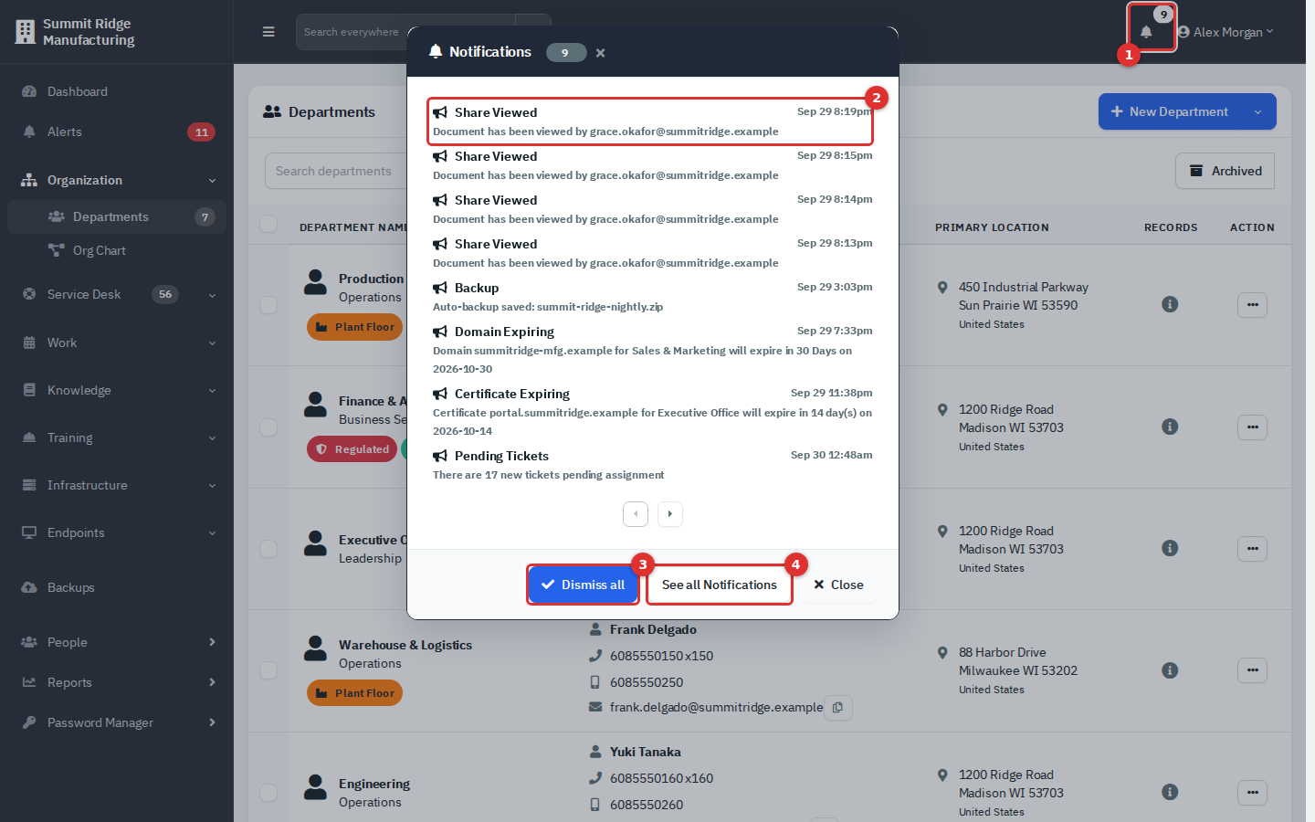 The notifications pop-up listing several notifications with Dismiss all and See all Notifications