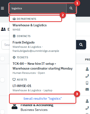 The live search dropdown for the word logistics showing grouped results