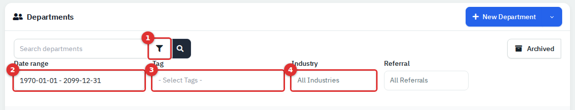 The Departments filter panel opened with Date range, Tag, Industry and Referral