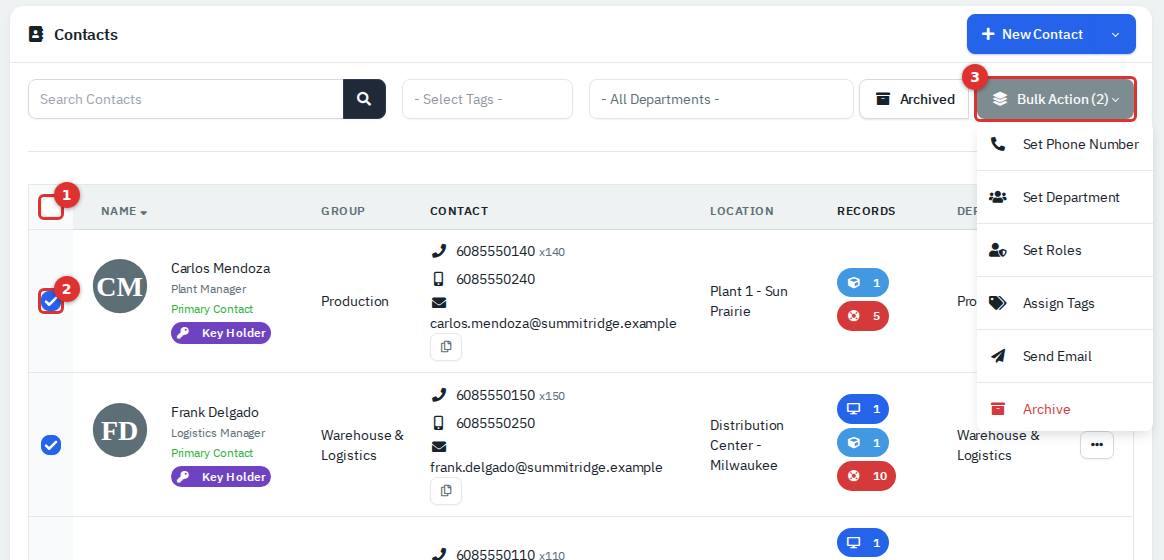 Two rows ticked with the Bulk Action menu open