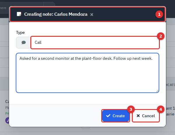 The Make Note pop-up with a title bar, a type field, a text box, Create and Cancel