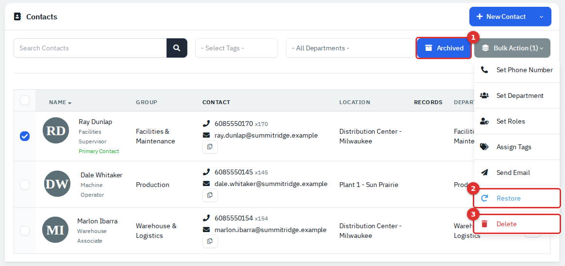 The Archived view of People with the Bulk Action menu showing Restore and Delete