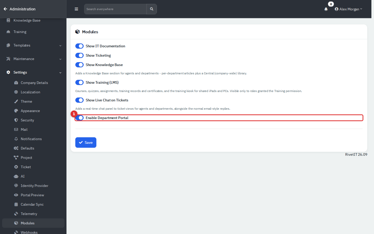 Settings, Modules page with the Enable Department Portal switch marked 1