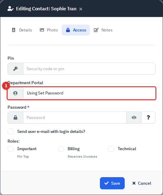 The Edit Contact pop-up on the Access tab, with the Department Portal field marked 1