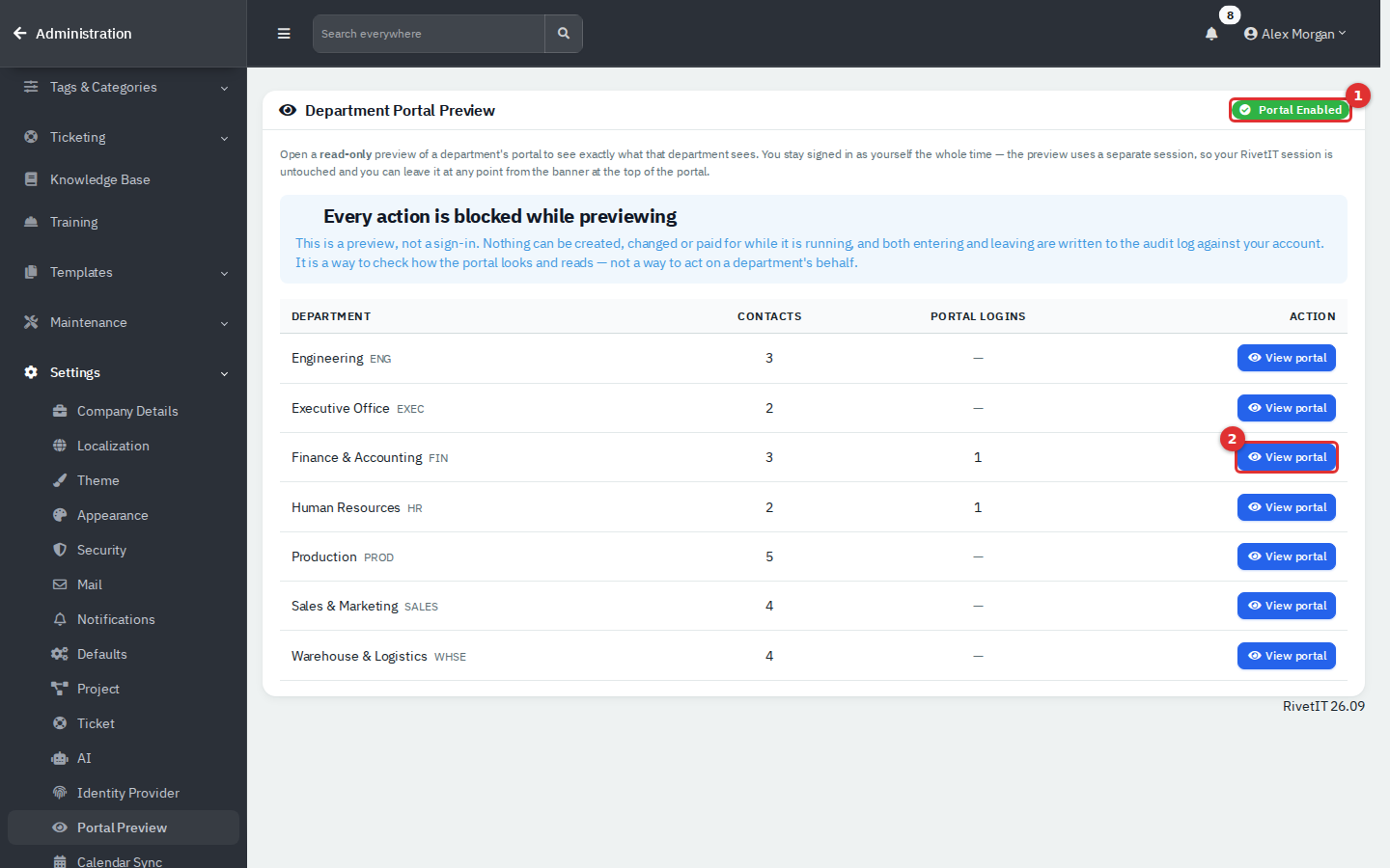 The Portal Preview page listing every department with a View portal button