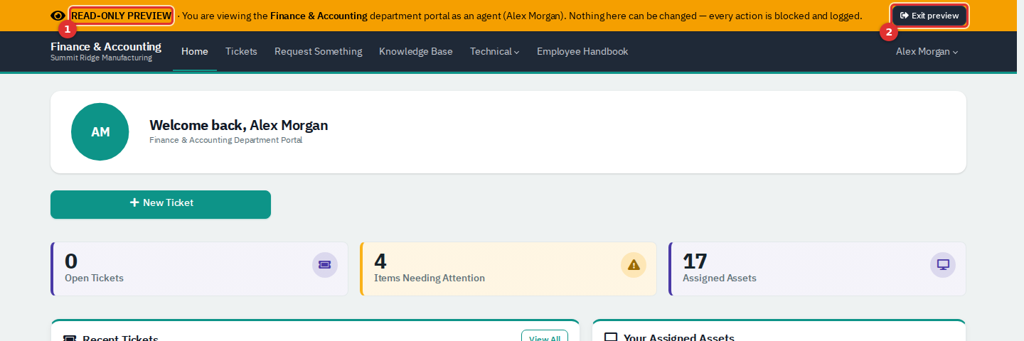 The Finance and Accounting portal with an orange Read-only preview banner across the top