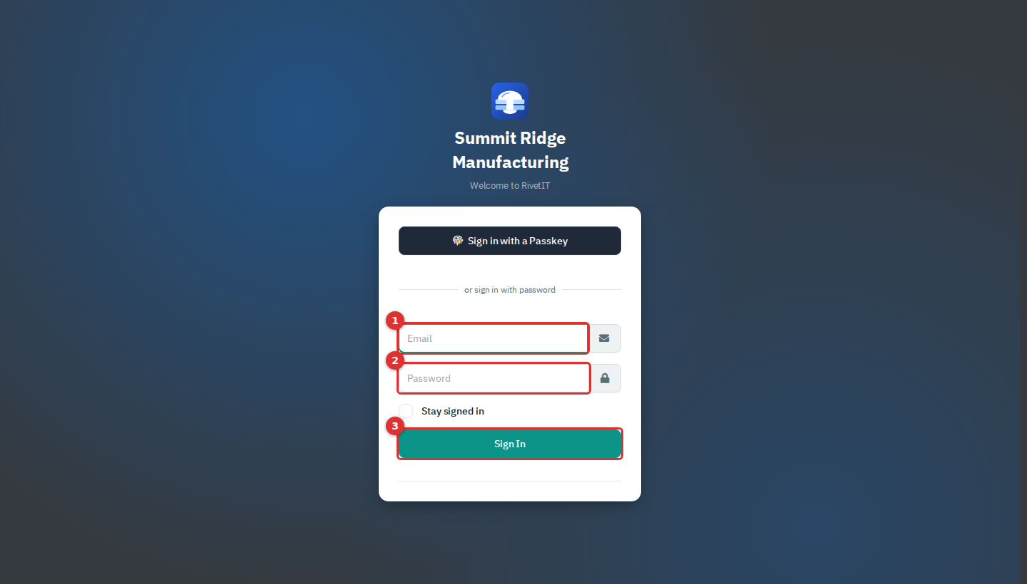 The sign-in page with the email box marked 1, the password box marked 2 and Sign In marked 3