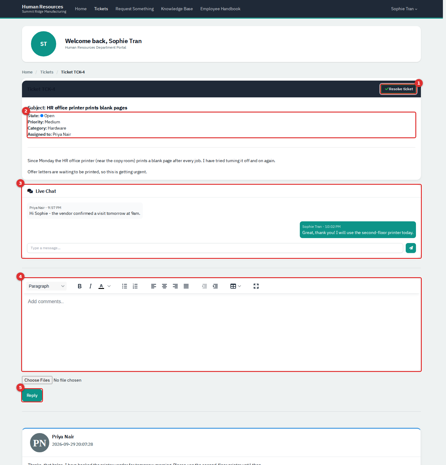 An open ticket showing its details, a chat panel, a reply box and the Resolve ticket button