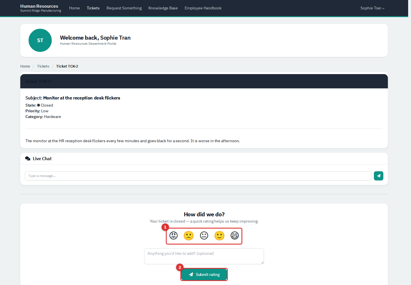 A closed ticket with the How did we do rating faces and the Submit rating button