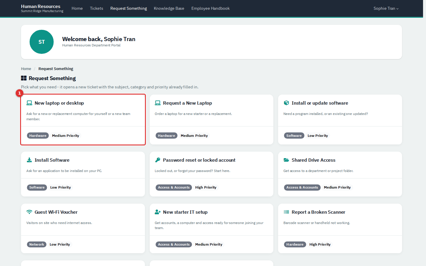 The Request Something page showing tiles for common requests