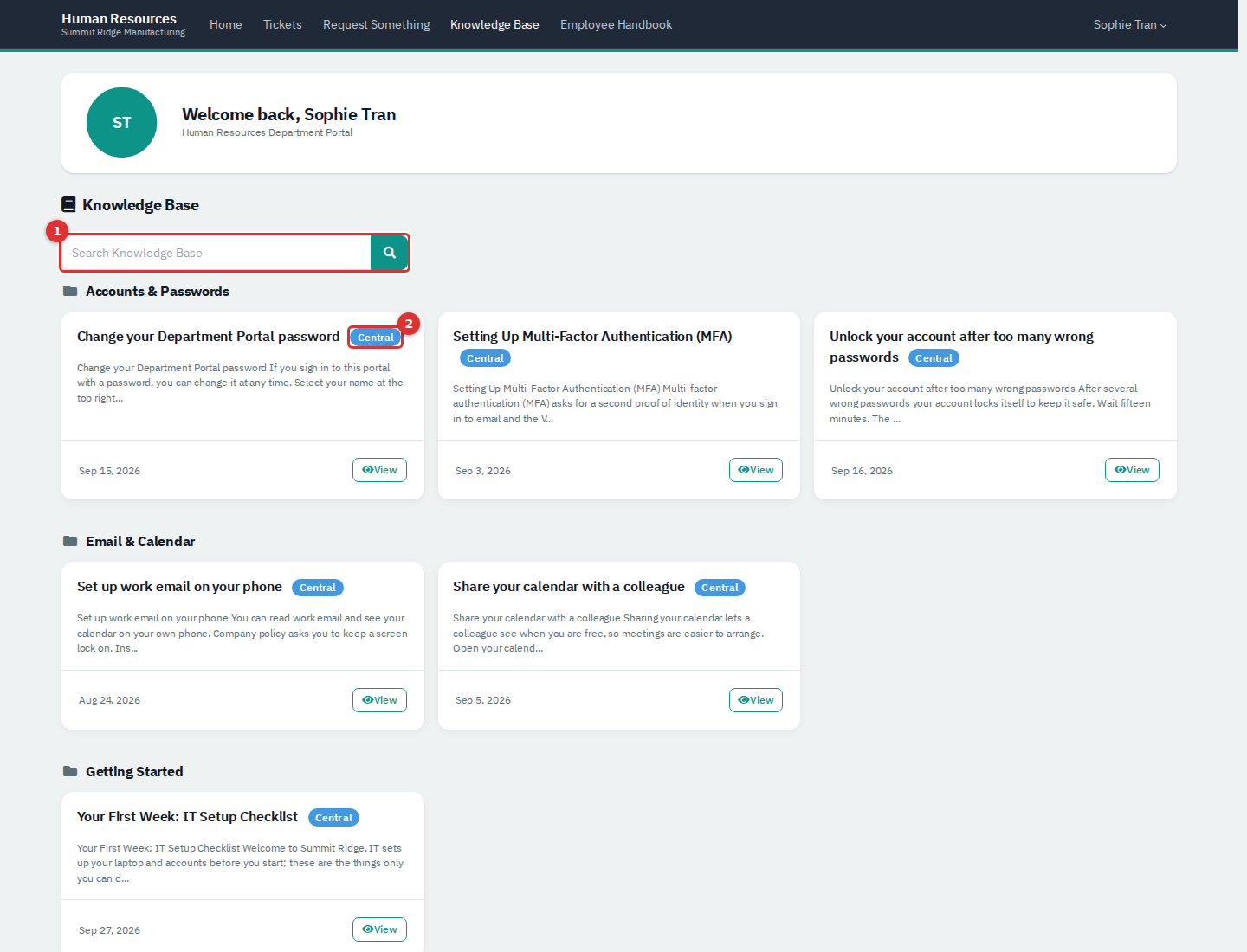 The Knowledge Base page with a search box and articles grouped by category
