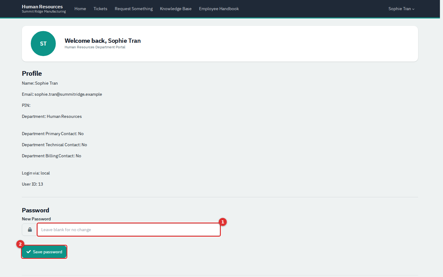 The Account page showing profile details and a Password section