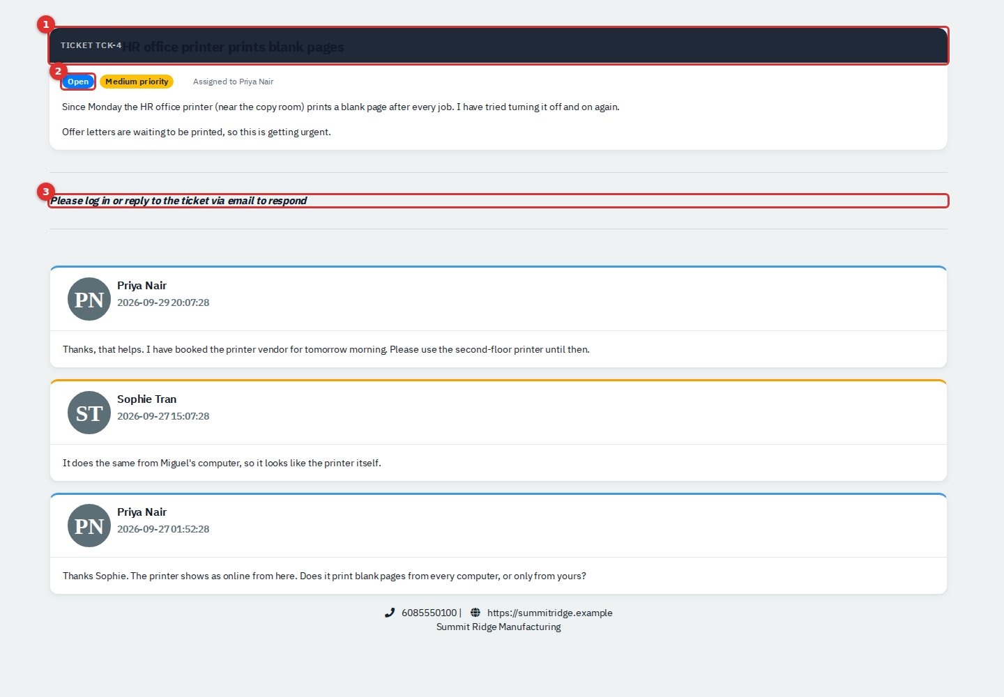 A ticket opened from an emailed link, showing the status, priority and replies