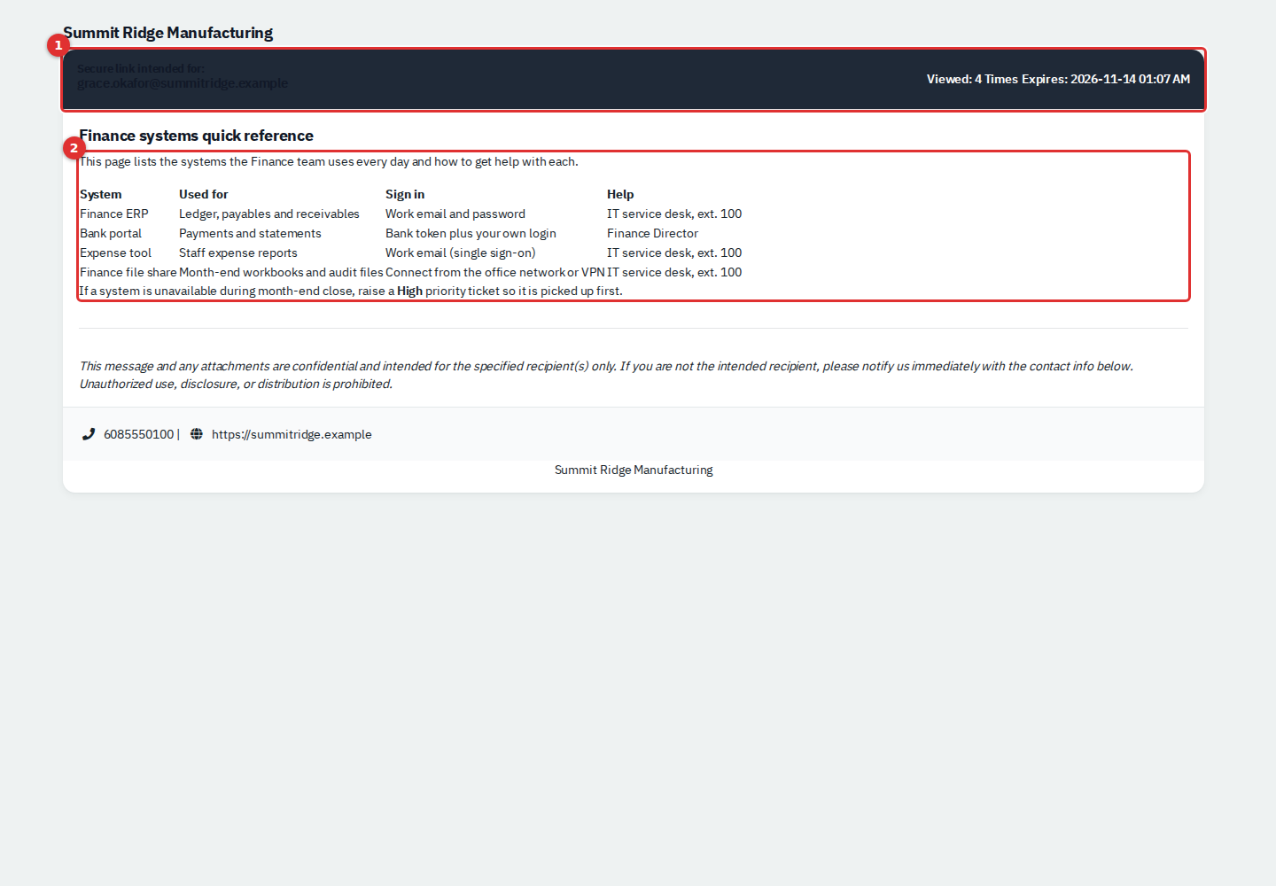A shared document opened from a secure link, showing who it is for, the view count and expiry
