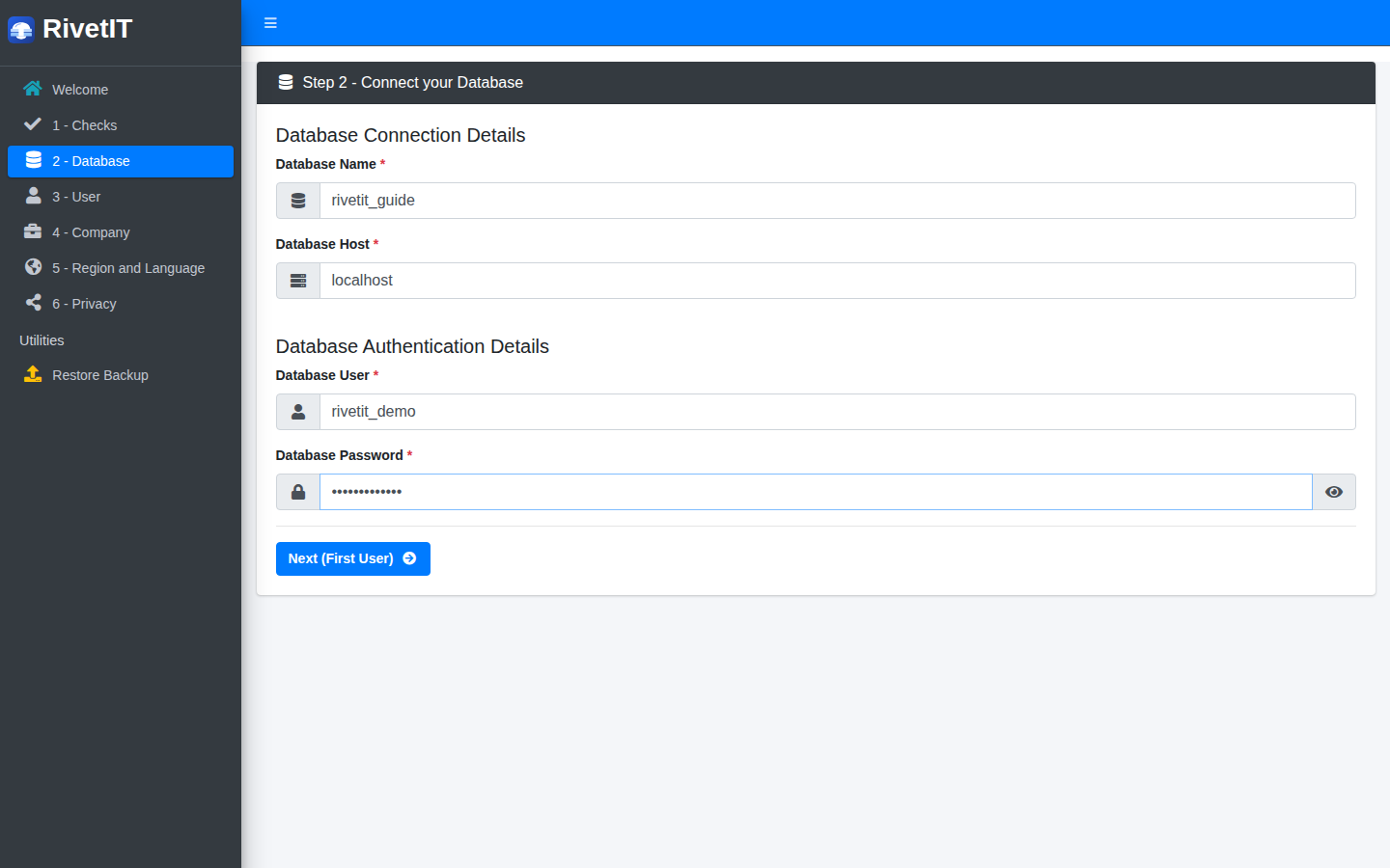 The database form with Database Name, Database Host, Database User and Database Password