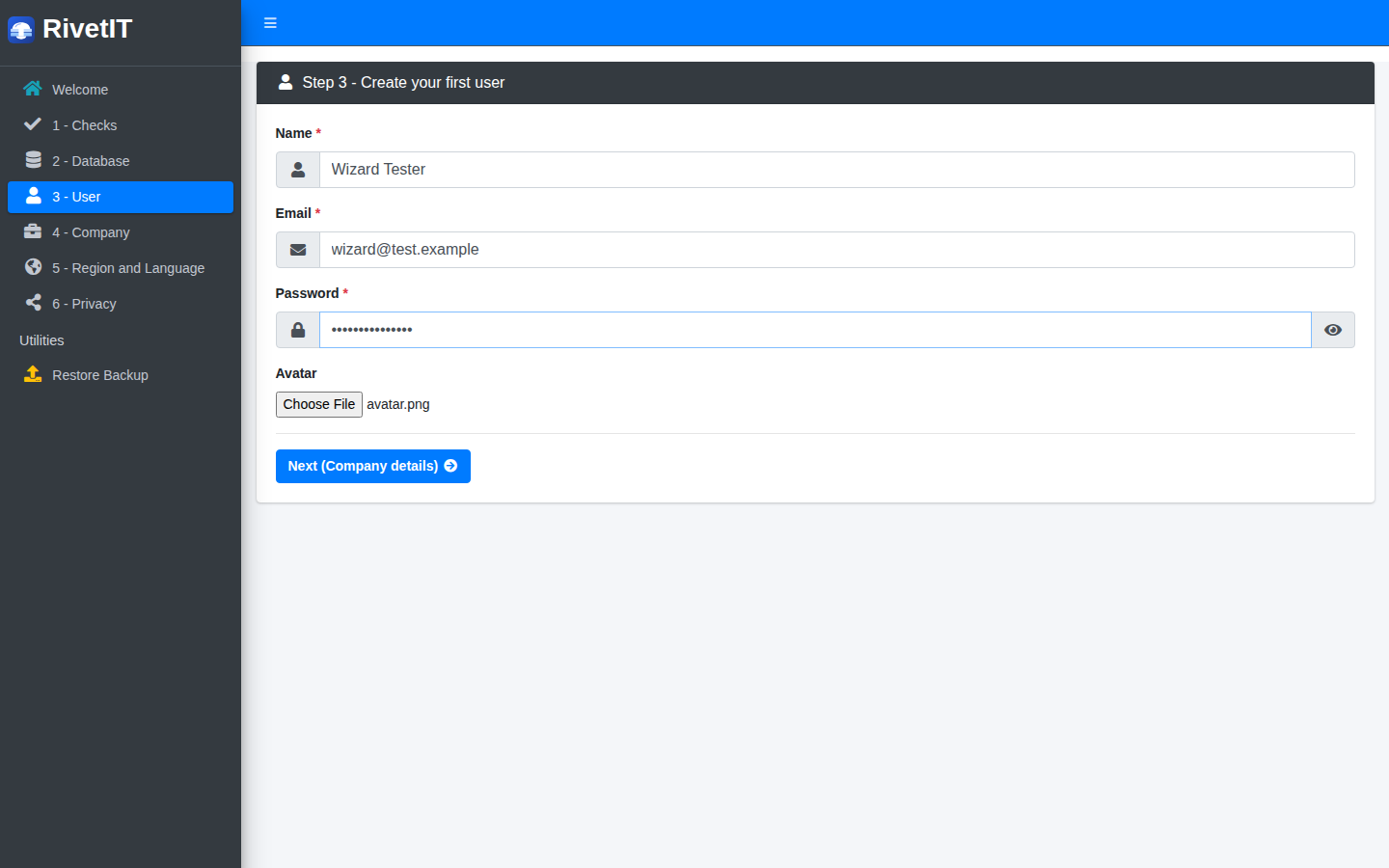 The first-user form with Name, Email, Password and Avatar
