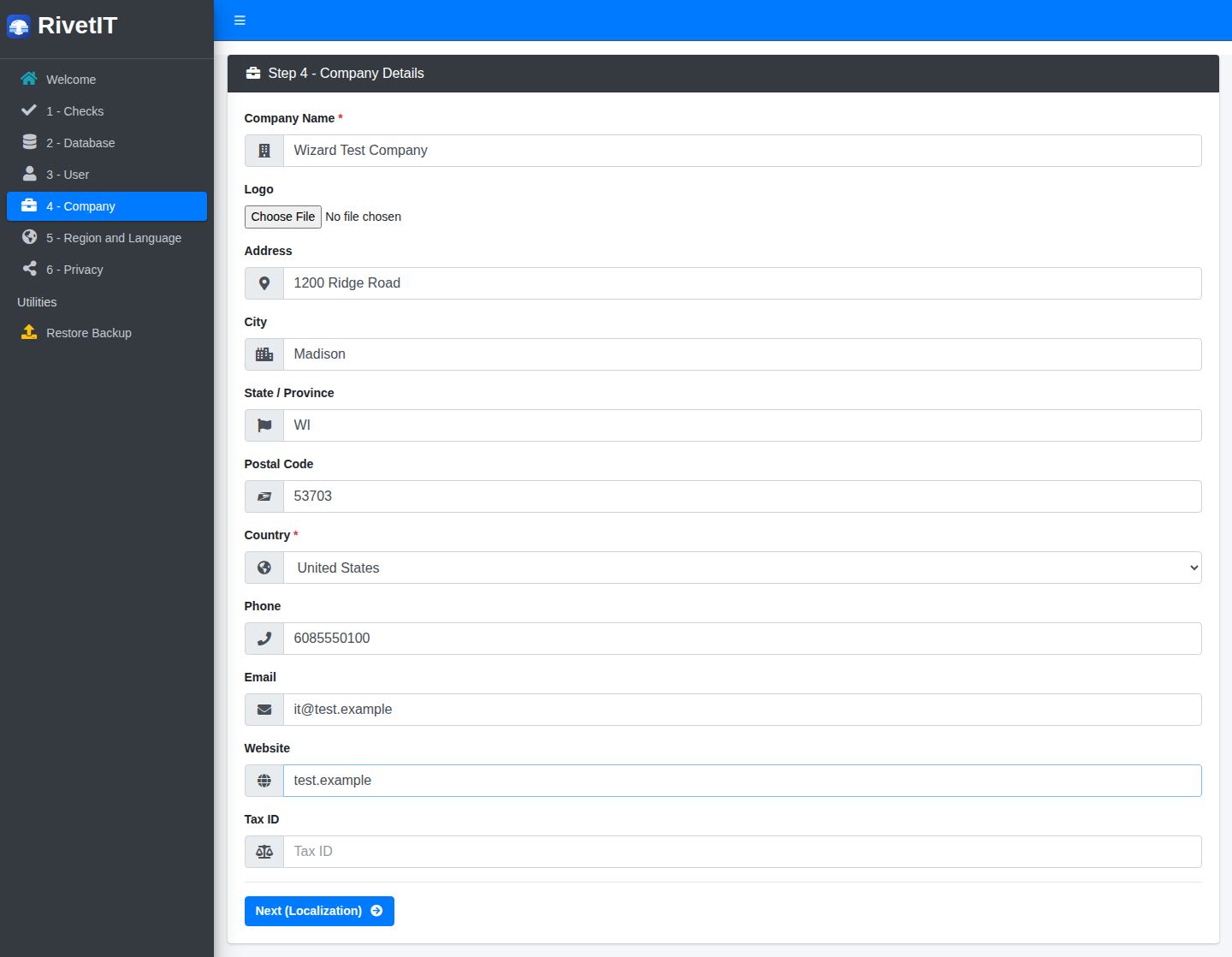 The company form with Company Name, Logo, address, Country, Phone, Email, Website and Tax ID