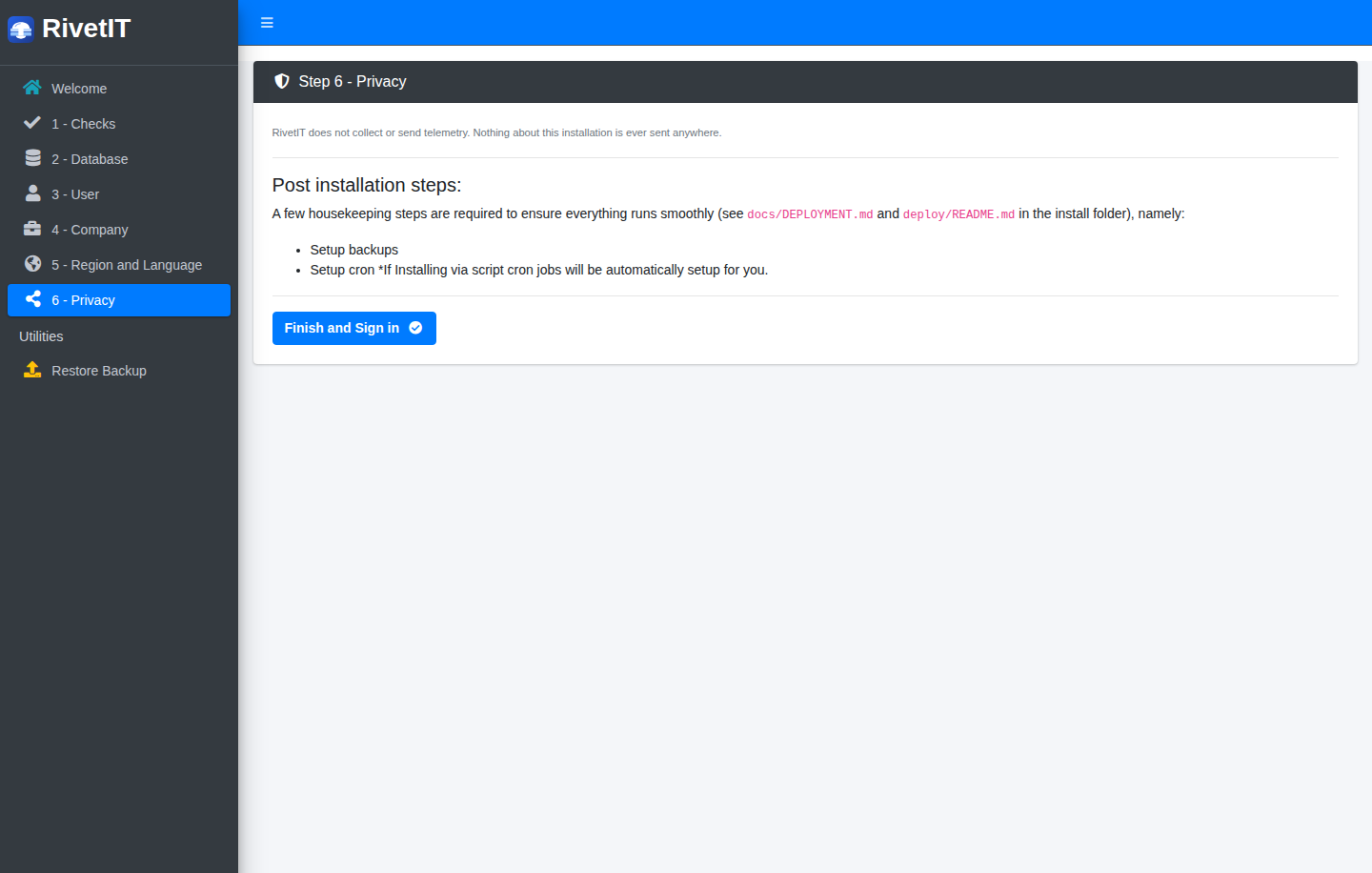 The Privacy step stating that RivetIT collects and sends no telemetry, with the post-installation reminders