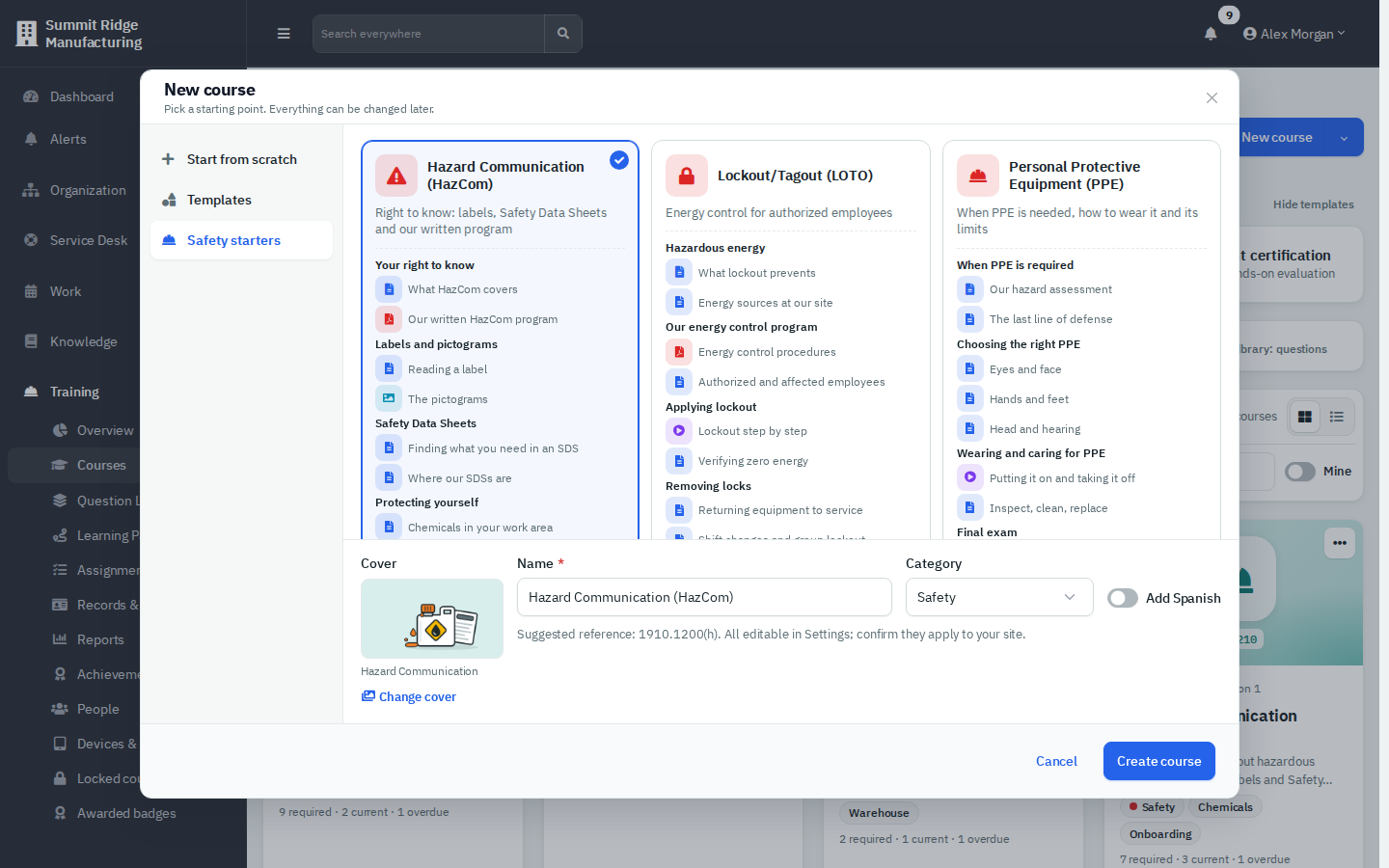 The New course window on the Safety starters tab, showing outline previews