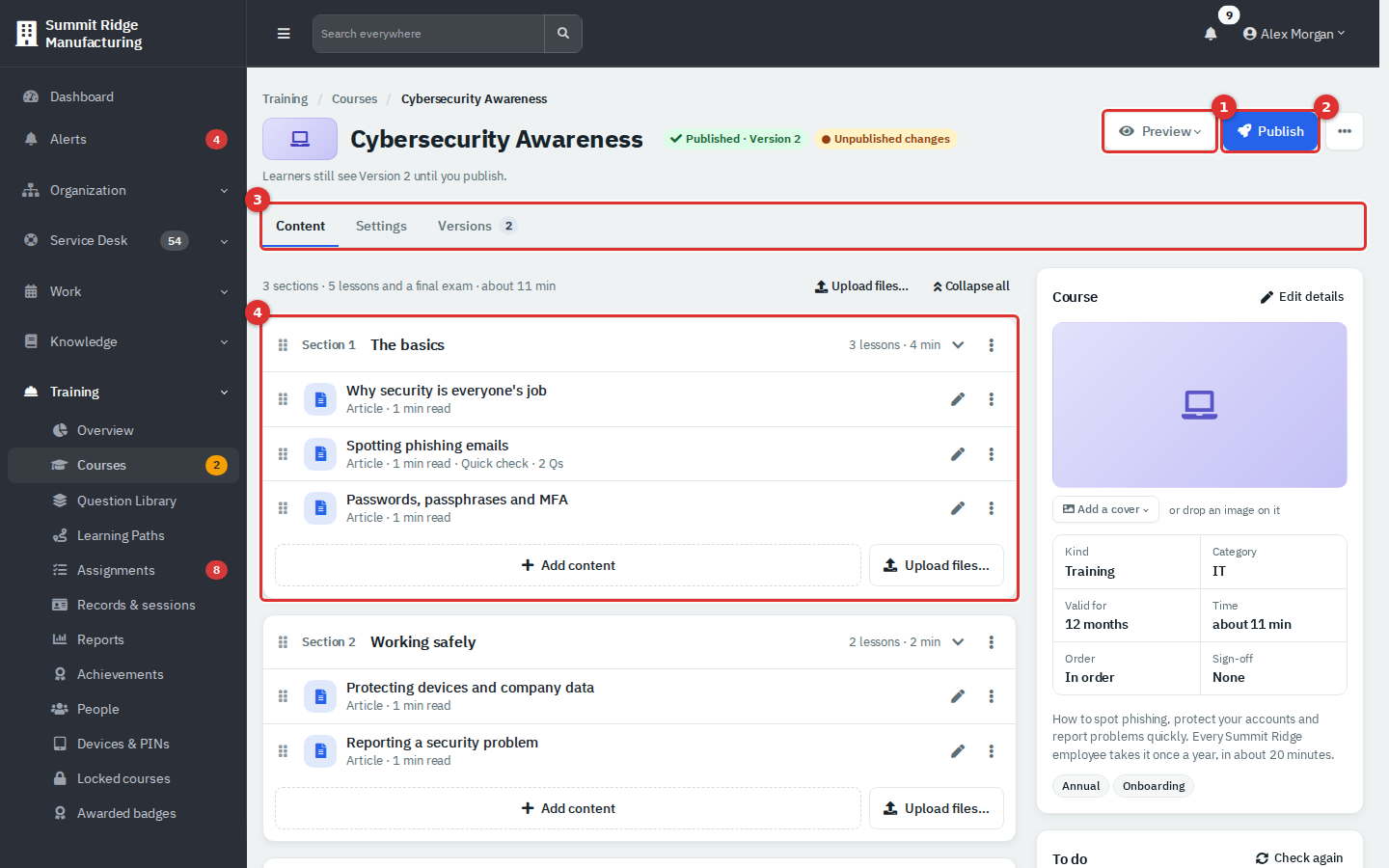The course builder for Cybersecurity Awareness with numbered call-outs on Preview, Publish, the tabs and a section