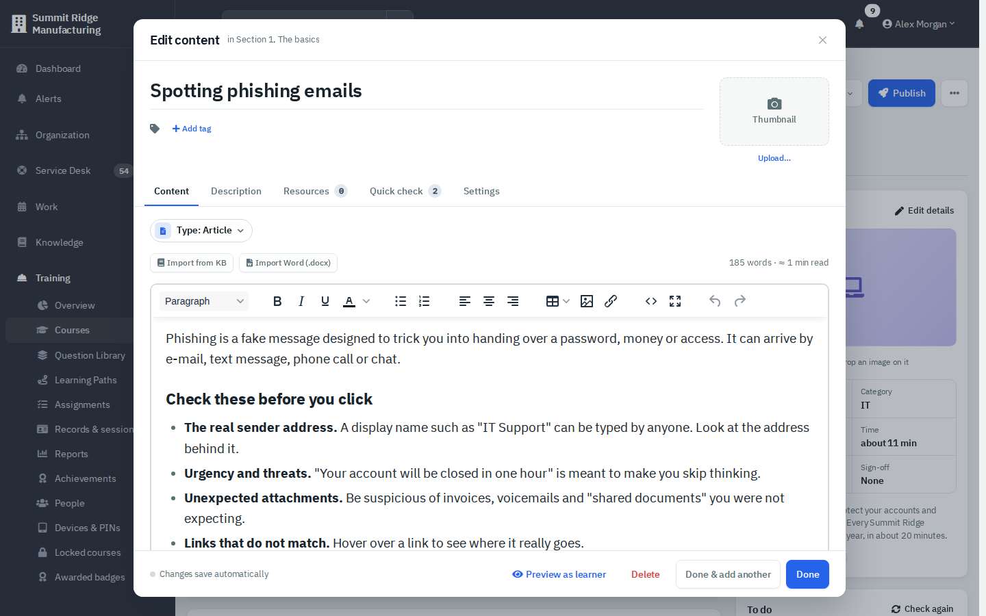 The content window on the Content tab, editing the article Spotting phishing emails