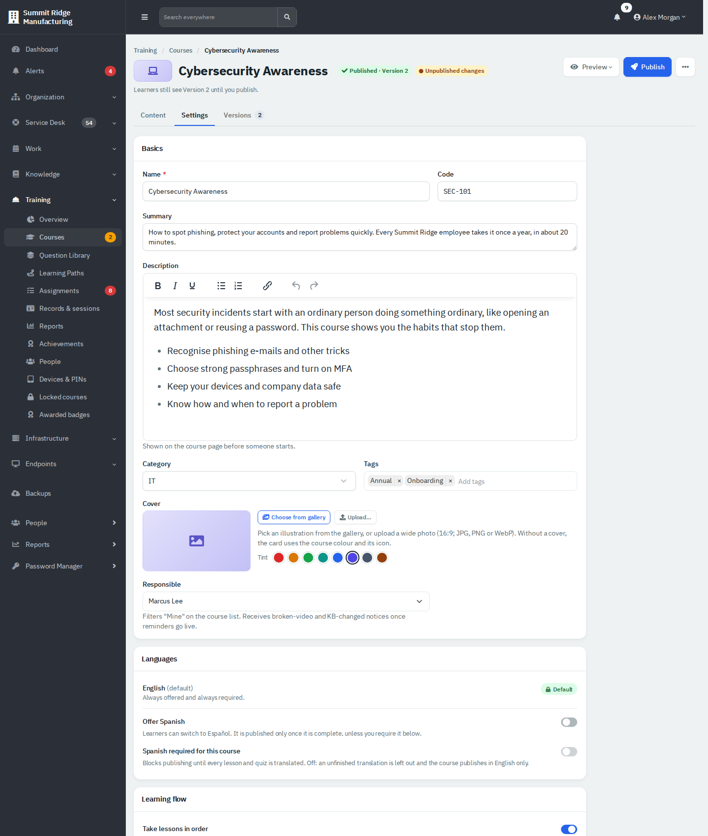 The Settings tab showing Basics, Languages and the start of Learning flow